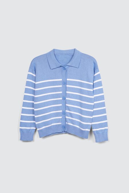 Aomori Stripe Knit Shirt Cardigan In Blue Sky
