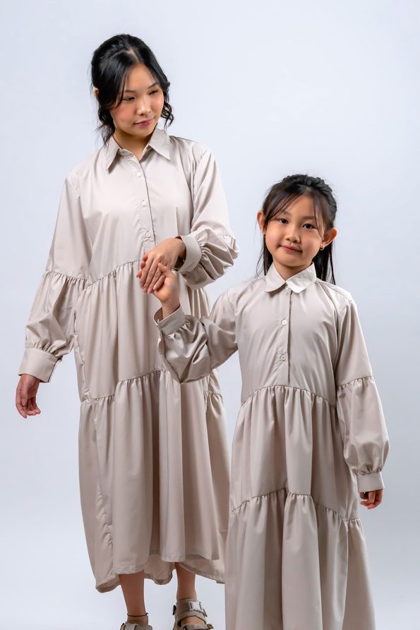 Omaira Dress Nude Grey Couple On Model