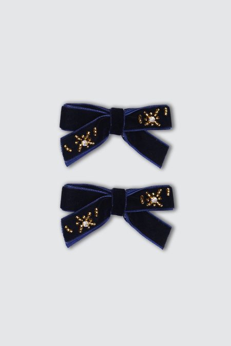 Sparkling Small Bow Navy Hairclip Pair