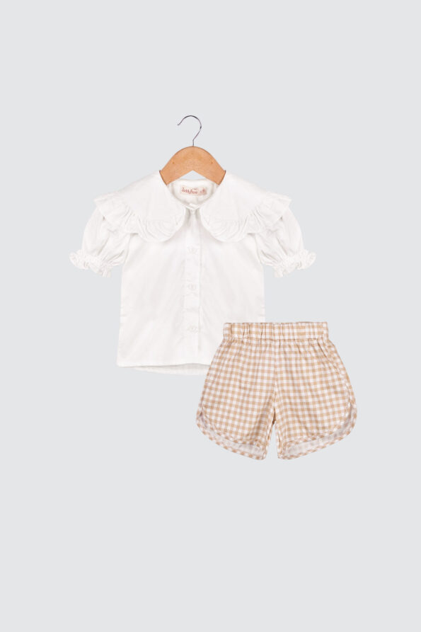Set Anak Gingham Set Girls White and Khaki 1